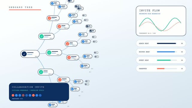A digital collaboration invite workflow is displayed across three panels showing cascading nodes and expanding network charts for professional project management in a modern interface design