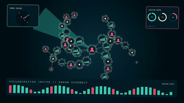 A digital collaboration invite shown on a dark interface panel with growing network nodes connecting multiple user profiles and graphical data points in an animated loop