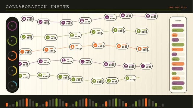 A digital collaboration invite interface displays user node connections within a scrolling sequence that shows flow paths of data points moving across a light beige screen
