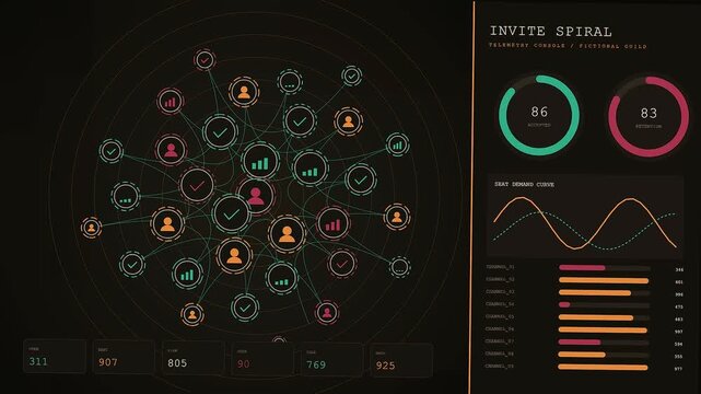 A digital collaboration invite represented by flickering circular network nodes and radiating lines on a dark interface panel displaying abstract data flow and glowing orange metrics