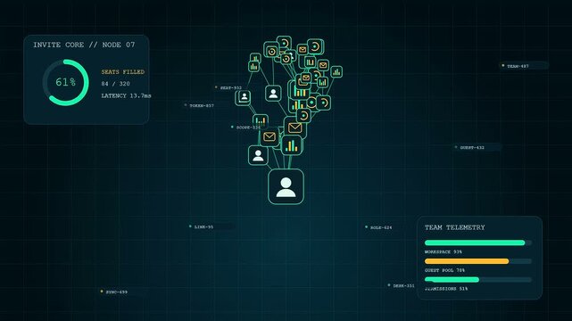 a digital collaboration invite sequence showcases user node interfaces and networking telemetry metrics in a dark aesthetic monitor display featuring smooth graphical elements of software data