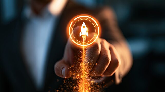Finger touches glowing rocket icon, initiating fiery ascent from digital display
