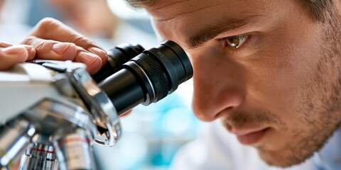 Naklejka premium Close-up portrait of a serious male scientist examining a sample through a microscope in a modern laboratory.