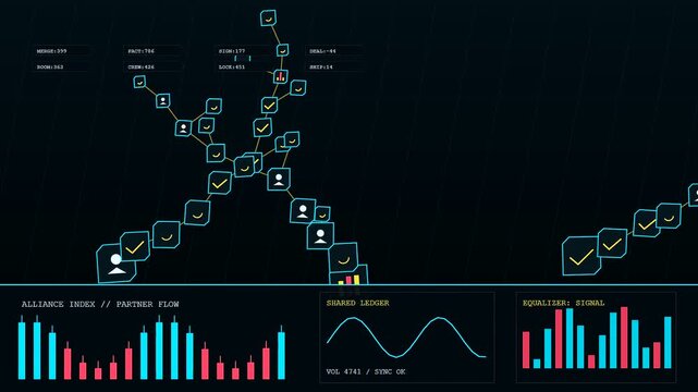A digital collaboration invite unfolds through floating data node patterns and animated bar charts displayed across a dark screen interface for complex analytic network analysis