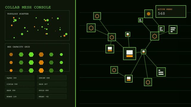 A collaboration invite displayed on a digital interface showing network node connections and data grid analytics presented in a monochromatic green computer terminal style monitor view