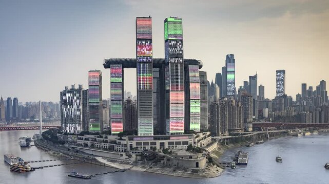 chongqing cyberpunk city with overlayed code and data on the buildings