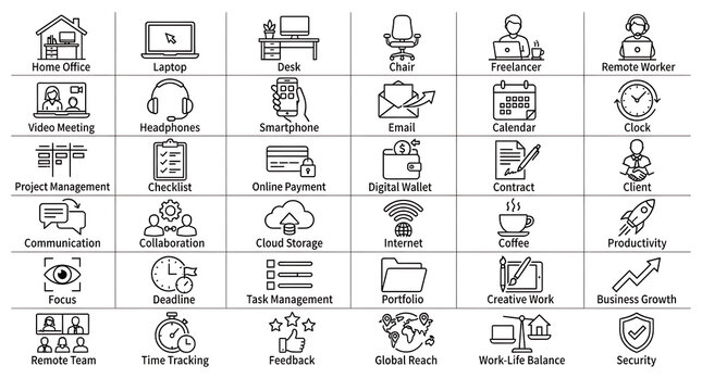 Workplace illustrations highlighting remote employment setups and various management tools.