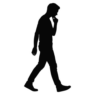 Silhouette of a man walking while thinking with hand on chin, silhouette