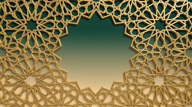 Luxury Golden Islamic Geometric Ornament Frame on Green Background for Ramadan and Eid Celebrations