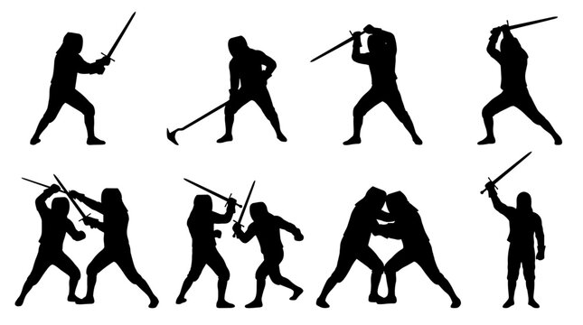 Silhouettes of medieval warriors in combat poses with swords and staffs, historical reenactment, dynamic action, fight scenes, black figures on white