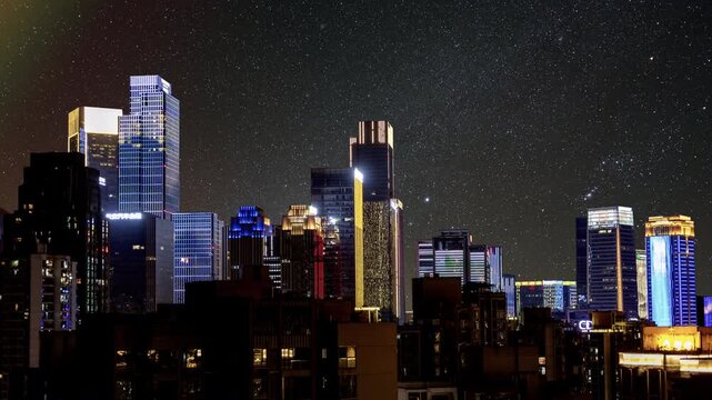 Chongqing cyberpunk city skyline with fantasy stars in the night sky 