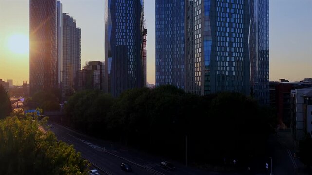 Aerial Video of Deansgate Towers and Mancunian Way at a partial Solar Eclipse