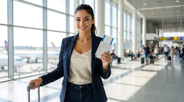 Young woman holding a passport and boarding pass inside a modern airport terminal, representing international travel, tourism, vacation planning and adventure.