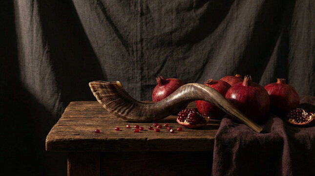 Dramatic Still Life Shofar Horn with Pomegranates Moody. Artistic side-lit composition featuring curved shofar horn beside whole pomegranates, deep shadows and rich burgundy tones on dark backdrop