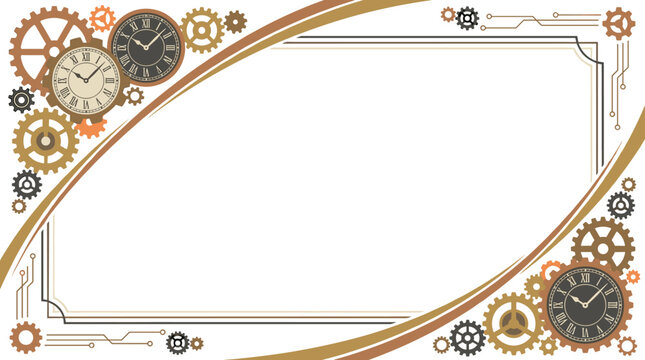 Steampunk style border frame with mechanical gears and clockwork elements, vintage industrial machinery decoration, historical antique clock design