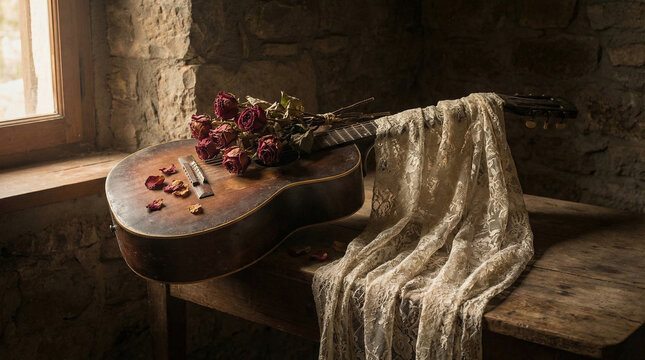 Dramatic Spanish Guitar Still Life Heritage Art. Antique acoustic guitar with dried roses and lace mantilla, moody side lighting creating deep shadows, rich wood tones
