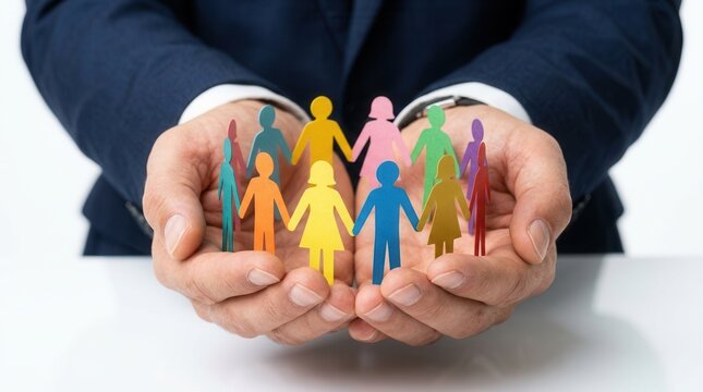 Diversity and inclusion in business leadership symbolized by colorful human paper cutouts held in hands.