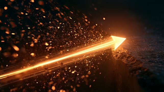 Glowing golden arrow shooting forward through sparks and particles representing business success and momentum with particles momentum business direction achievement