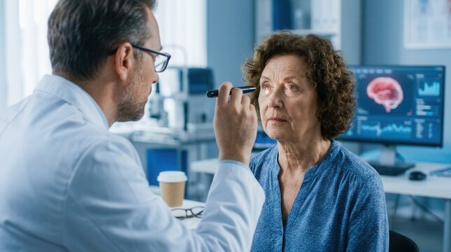 A male doctor assesses patient cognition and reflexes through a neurological examination with a pen light for signs of concussion.