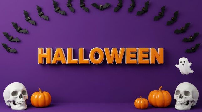 Halloween text banner with pumpkins skulls and ghost on a purple background with flying bats