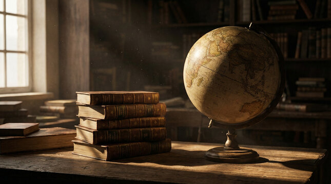 Dramatic Still Life of Antique Globe and Leather Books. Side-lit artistic composition featuring vintage world globe beside stacked hardcover books, deep shadows creating scholarly atmosphere