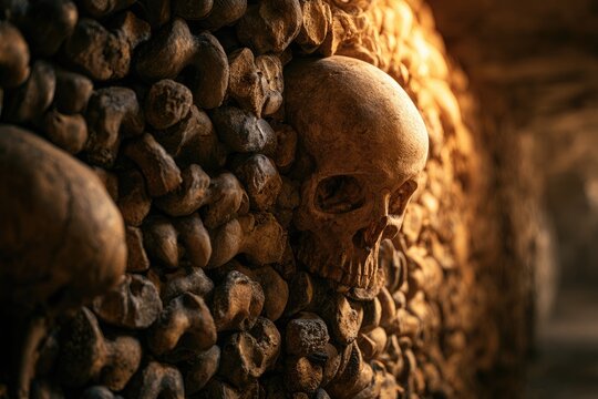A chilling close-up of a human skull nestled within a densely packed wall of bones
