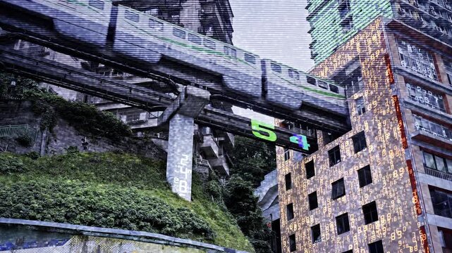 train enters liziba station inside a building on bridge in Chongqing china