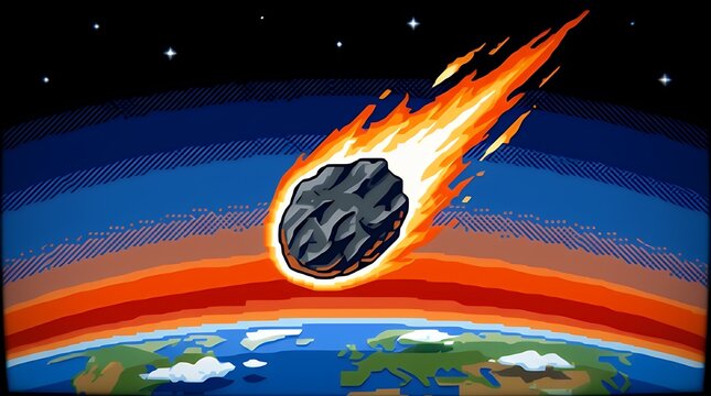 Retro Pixelated Cosmic Rock Descending Through Atmosphere With Flaming Plasma Trail Visual Graphic pixel meteor asteroid falling flaming comet retro arcade pixel art space impact flame trail