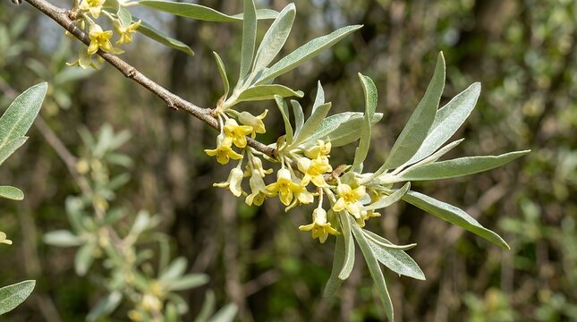 Close Up Branch Featuring Yellow Wild Olive Flowers And Fresh Leaves In Natural Setting elaeagnus angustifolia yellow flowers green leaves natural setting plant foliage floral details blurred
