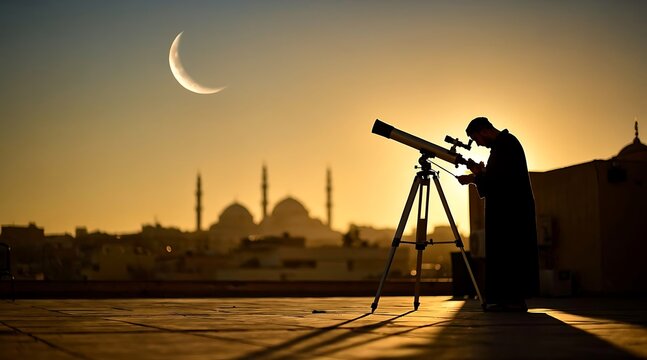 Muslim Man Observing the New Crescent Moon with a Telescope at Sunset for Ramadan or Eid Celebration
