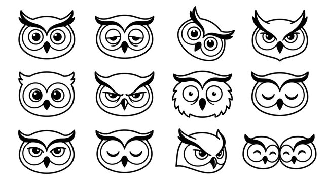Collection of simple owl faces, line art with various expressions including happy, sad, angry, and sleepy, simple vector elements