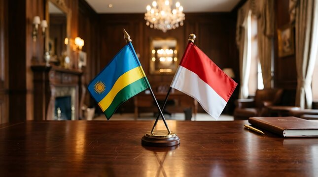 Small National Flags of Rwanda and Indonesia on a Wooden Desk for Bilateral Meeting and Cooperation