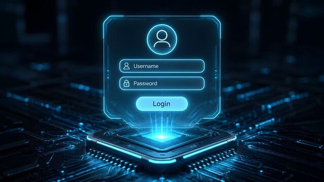 Futuristic 3D login interface hologram over glowing blue microchip circuit board representing secure authentication and data protection