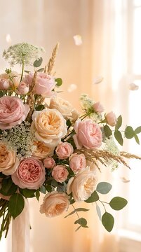 Soft peach and pink roses bouquet with floating petals
