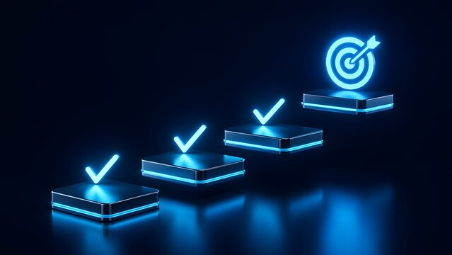 3D glowing blue checkmarks on rising stairs leading to a target arrow representing business goals success and step by step progress