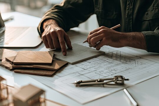 Close-up of hands examining materials and plans on a desk
