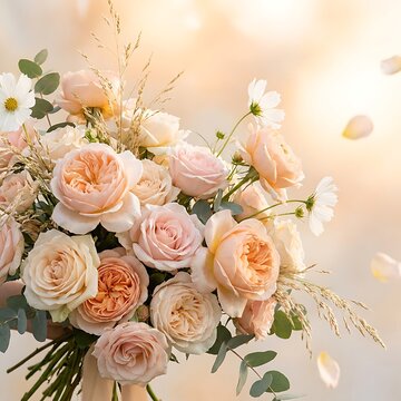 Soft peach and pink roses bouquet with floating petals