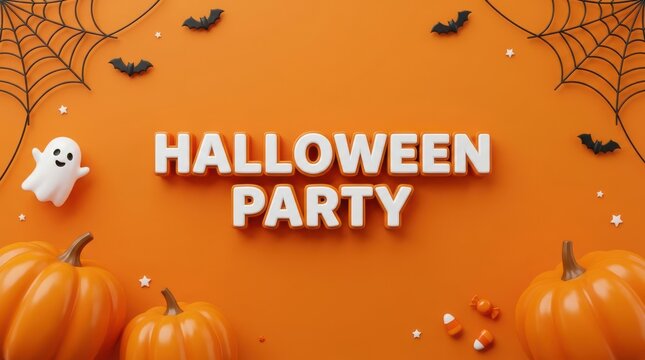 Halloween party background with pumpkins ghosts bats and spider webs on an orange background