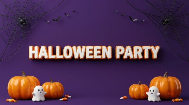 Halloween party text banner with orange pumpkins and cute little ghosts on a dark purple background
