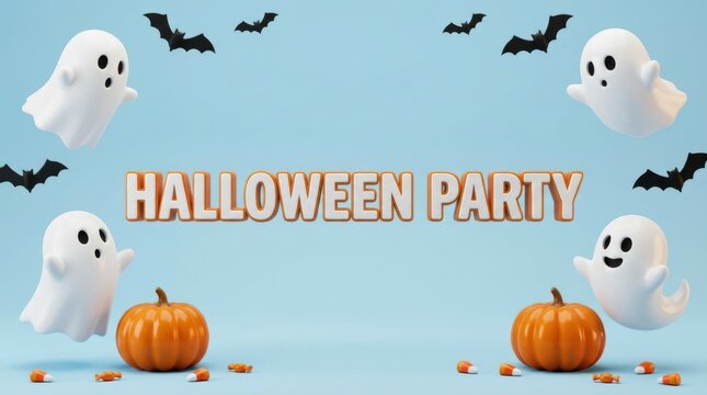 Halloween party background with cute ghosts bats and pumpkins on a soft green color