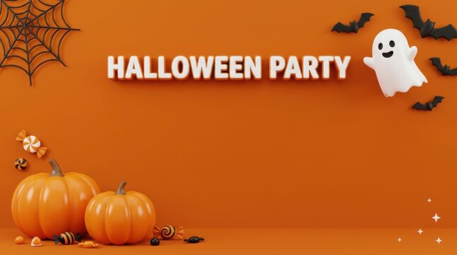 Halloween party text with pumpkins ghost bats and candy on an orange background