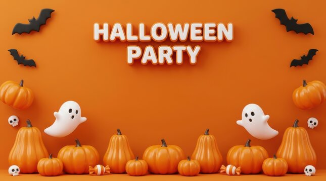 Halloween party banner with cute ghosts bats and pumpkins on an orange background