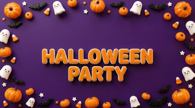 Halloween party text banner with cute pumpkins ghosts and candy corn on a purple background