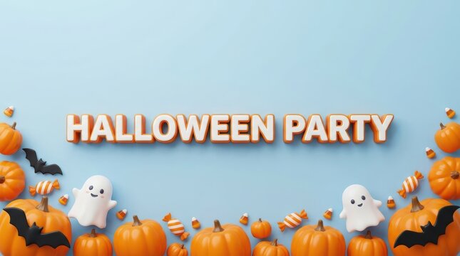 Halloween party text banner with cute ghosts bats and orange pumpkins on a light green background