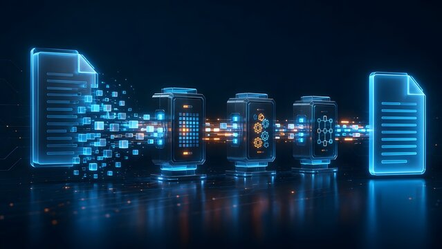 3D digital data processing pipeline converting document through machine learning algorithms and network nodes into optimized file