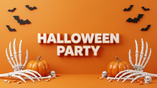 Halloween party text banner with skeleton hands pumpkins and flying bats on an orange background