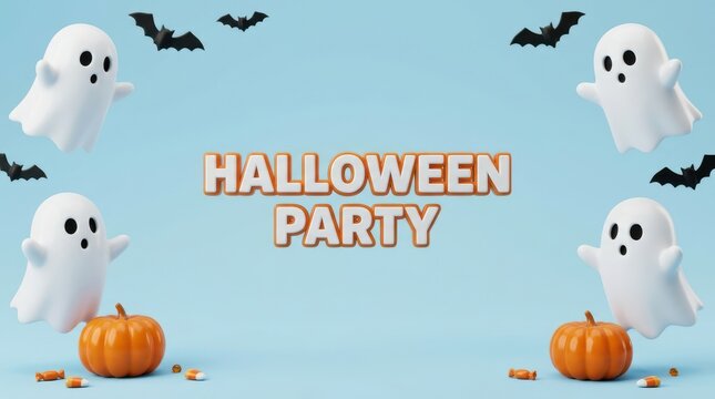 Cute halloween party background with spooky ghosts bats and orange pumpkins on green