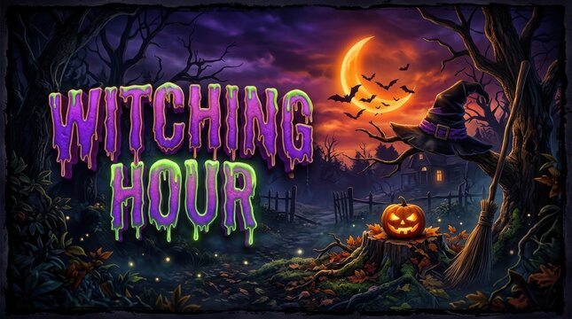 Witching hour text sign with spooky moon pumpkin and scary forest background for halloween party
