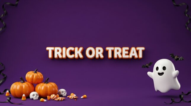 Trick or treat text with cute ghost and pumpkins on purple background for halloween celebration