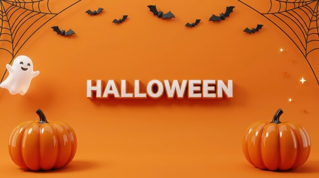 Halloween background with pumpkins ghost bats and spider webs on orange
